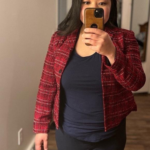VINTAGE 80s 90s Villager Petite Red Plaid Knit Blazer Jacket Women's 6P - Picture 4 of 5
